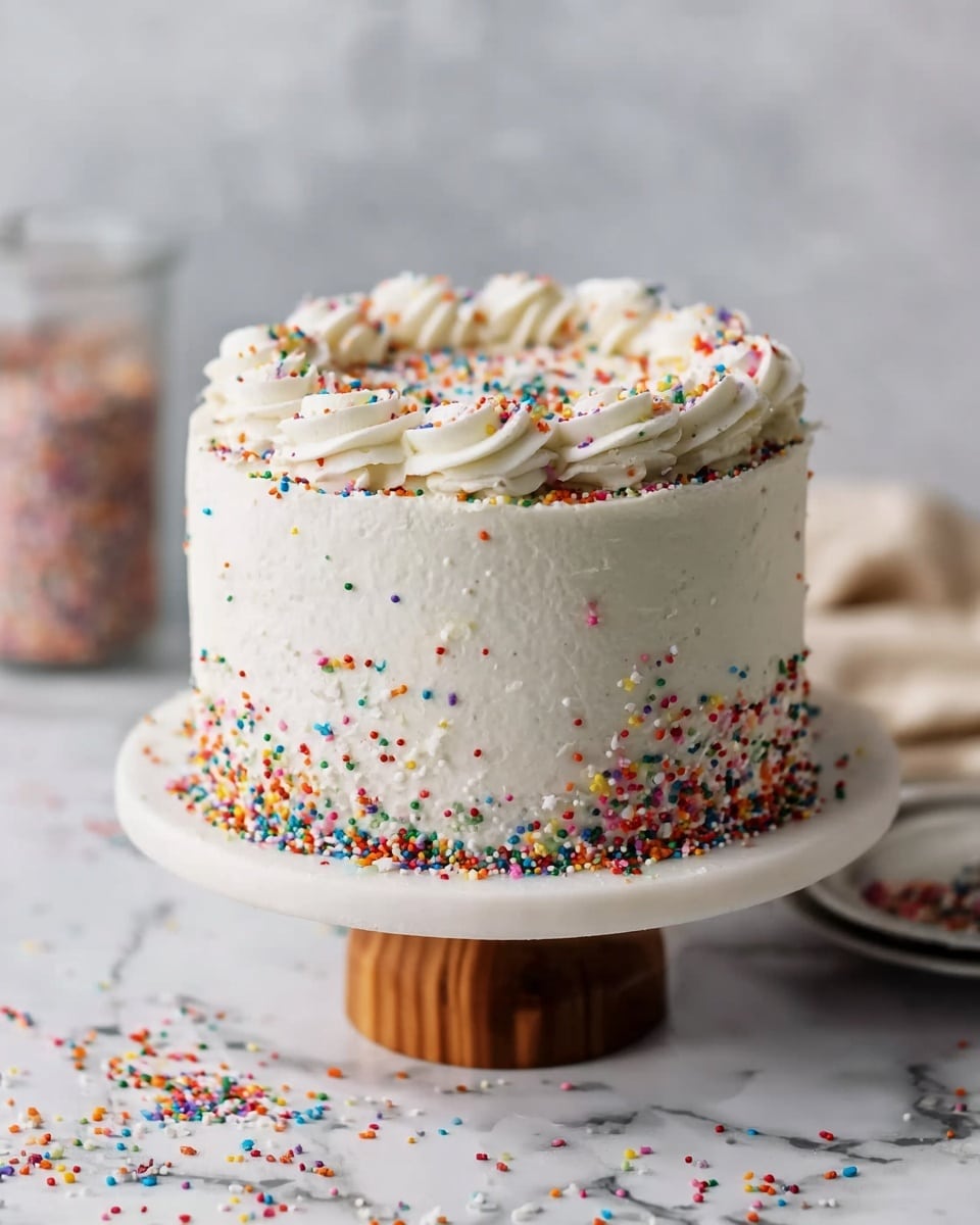 A tall, round cake with three visible layers covered in smooth white frosting with swirls on the top, decorated all over with colorful rainbow sprinkles. The cake sits on a white cake stand with a wooden base, placed on a white marbled surface. Some sprinkles are scattered around the base of the stand and on the surface nearby, with a blurred jar of sprinkles in the background. The overall look is bright and festive, photo taken with an iphone --ar 4:5 --v 7
