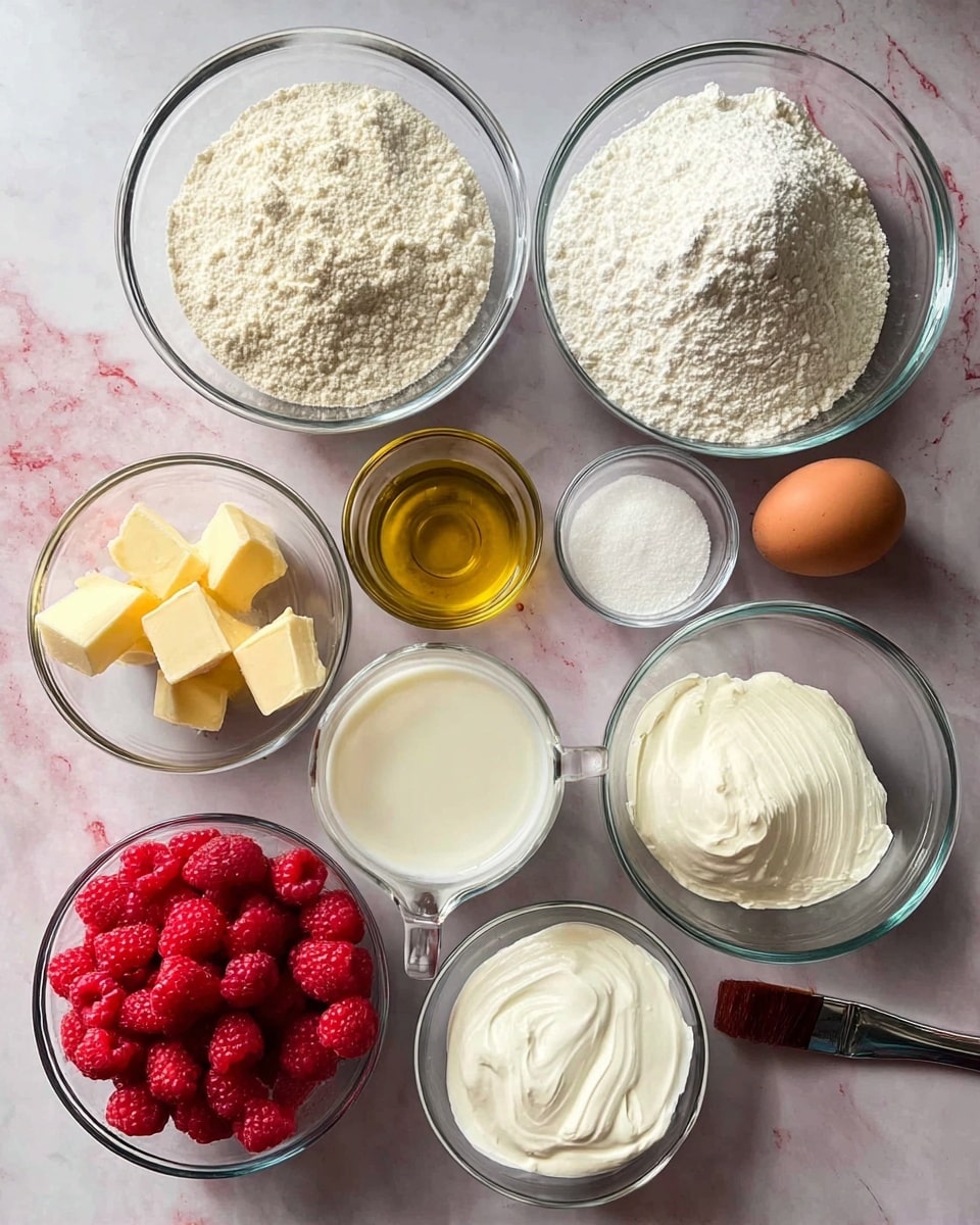 A collection of clear glass bowls and a measuring cup are arranged on a white marbled surface. The largest bowl holds white flour, positioned at the top center. To its right, another large bowl contains white granulated sugar. Below the flour, a small bowl has golden oil, with a glass bowl of clear liquid next to it. To the left, a measuring cup contains light beige milk, and nearby is a single brown egg. Below, a small bowl contains pale yellow butter chunks. At the bottom left, a bowl is filled with fresh red raspberries, next to it is a bowl of thick white cream. On the bottom right, a small bowl has white powder (baking powder or similar). A pastry brush with a dark handle is partially visible at the bottom center. Photo taken with an iphone --ar 4:5 --v 7