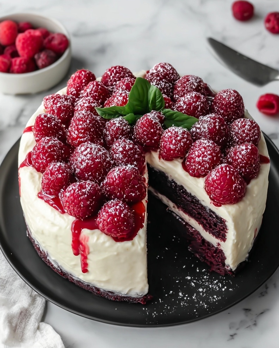A round cake with two thick dark purple layers separated by a rich white cream layer in the middle. The outside is covered with smooth white cream, topped with many fresh bright red raspberries, some with their juice slightly dripping down the sides. A single green leaf is placed on top of the raspberries as a decoration. The cake sits on a white marble surface on a black plate with a slice removed, showing the inside layers. Powdered sugar is lightly dusted on the raspberries and plate edges. Photo taken with an iphone --ar 4:5 --v 7