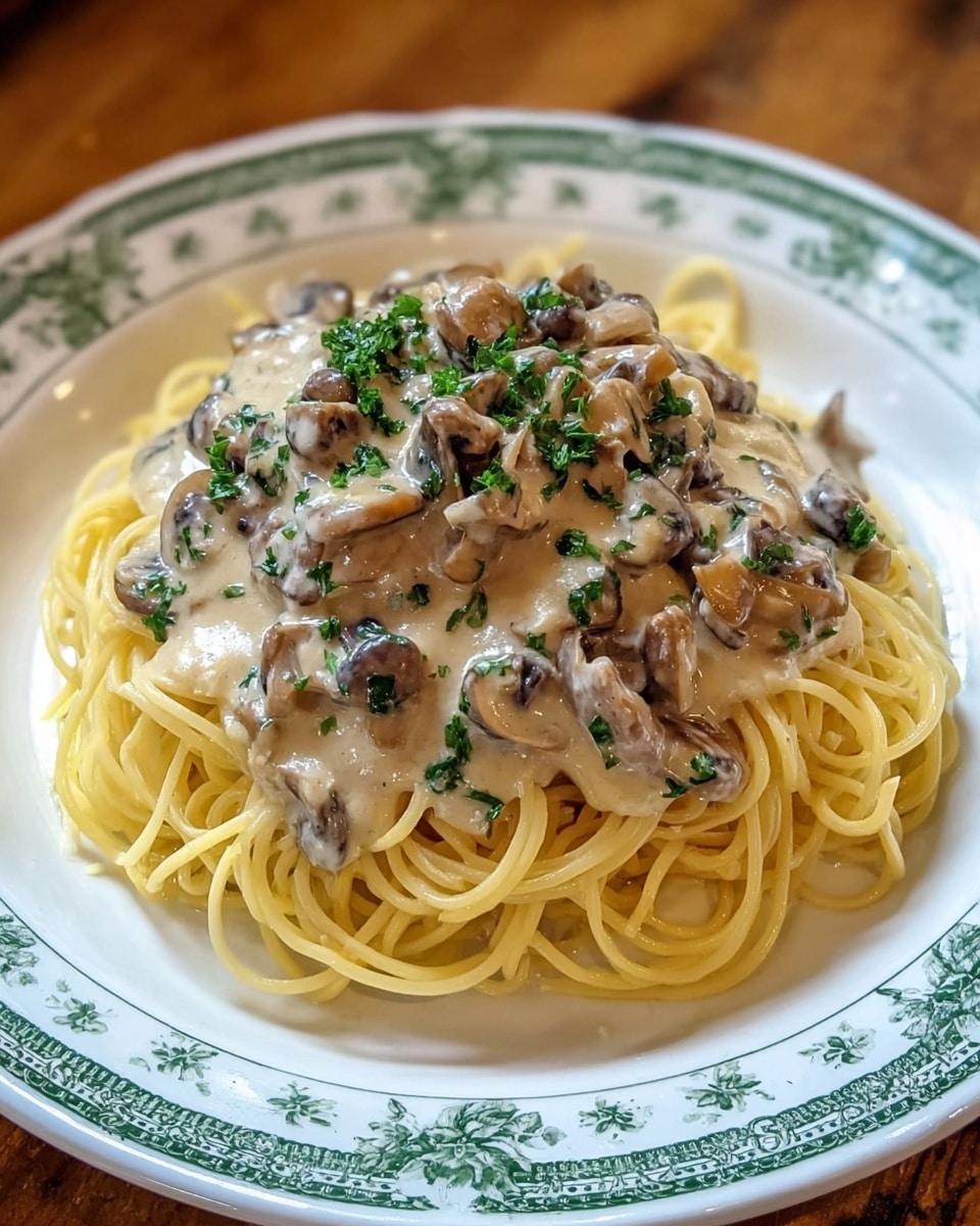 A white plate with a green and floral border holds a serving of plain yellow spaghetti piled in a nest shape. On top of the spaghetti is a thick creamy sauce with many small and medium brown cooked mushroom pieces, mixed with finely chopped green herbs. The sauce looks smooth and light beige in color. The plate is on a wooden surface. Photo taken with an iphone --ar 4:5 --v 7