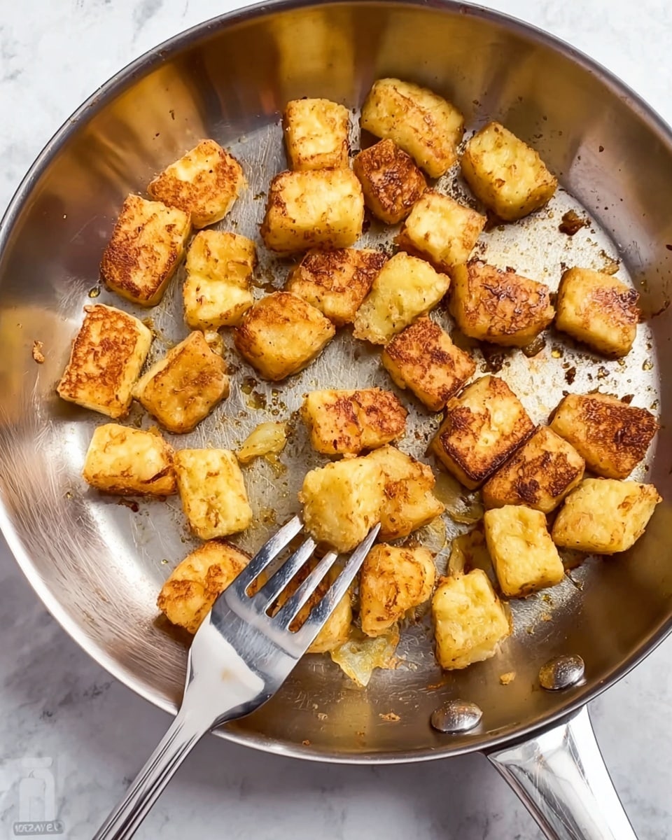 Inside a silver pan, multiple small, chunked pieces of golden-brown food with crispy textures are scattered across the surface, with some browning spots visible. A large metal fork with thin prongs is placed among the chunks, slightly lifting one piece. The pan’s shiny interior contrasts with the warm, toasted colors of the food. The background shows a white marbled surface beneath the pan. photo taken with an iphone --ar 4:5 --v 7