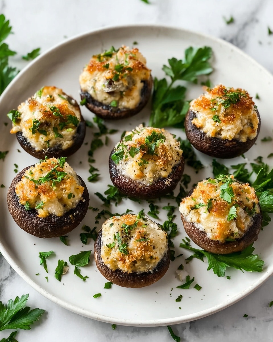 Seven stuffed mushrooms are arranged on a large round white plate, placed on a white marbled surface. Each mushroom cap is dark brown and filled with a creamy, light beige mixture that is slightly browned on top, giving a golden toasted texture. Small green parsley leaves are sprinkled on and around the mushrooms for color contrast. At the edge of the plate, some fresh green parsley leaves appear. The close-up view captures the different textures clearly, with the mushrooms’ smooth caps and the filling’s slightly crumbly texture. photo taken with an iphone --ar 4:5 --v 7