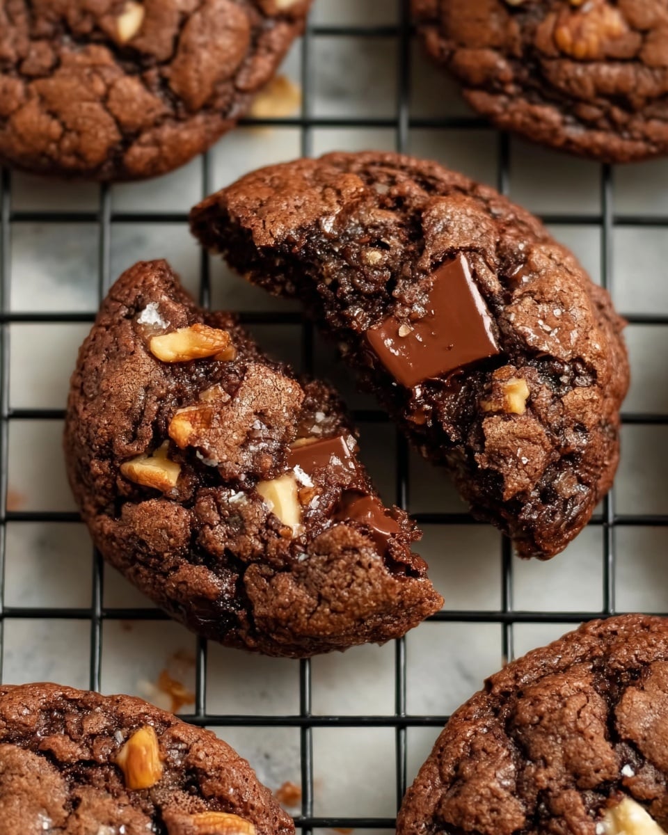 The image shows several round chocolate cookies with three clear layers on top. The base layer is a dark brown, soft-looking cookie. On top of each cookie is a thick swirl of white cream with a smooth texture. The final layer is a shiny, dark chocolate drizzle spiraled neatly over the white cream. One cookie in the middle is bitten, revealing the moist inside and some of the chocolate sauce dripping from the cream. The cookies are placed on a white marbled surface. photo taken with an iphone --ar 4:5 --v 7