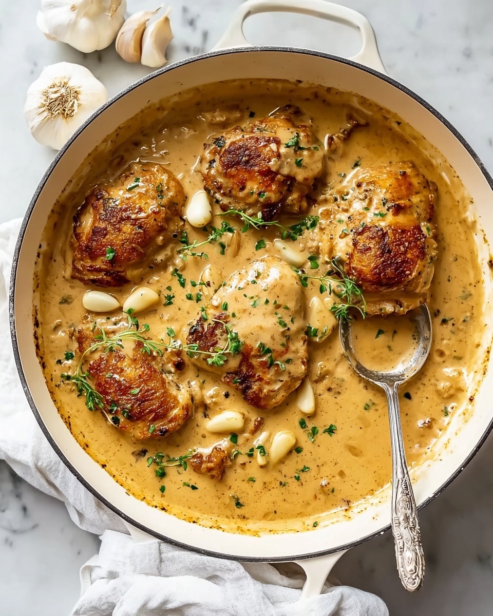 This image shows a round white deep pan with four browned chicken pieces partially covered in a thick light brown creamy sauce with visible specks of herbs. Whole garlic cloves are scattered around the chicken in the sauce. Fresh small green herb pieces are sprinkled on top of the chicken and sauce. A metal spoon is resting inside the pan on the right, with its end submerged in the sauce. The pan is placed on a white marbled surface near a white cloth and some garlic bulbs. Photo taken with an iphone --ar 4:5 --v 7