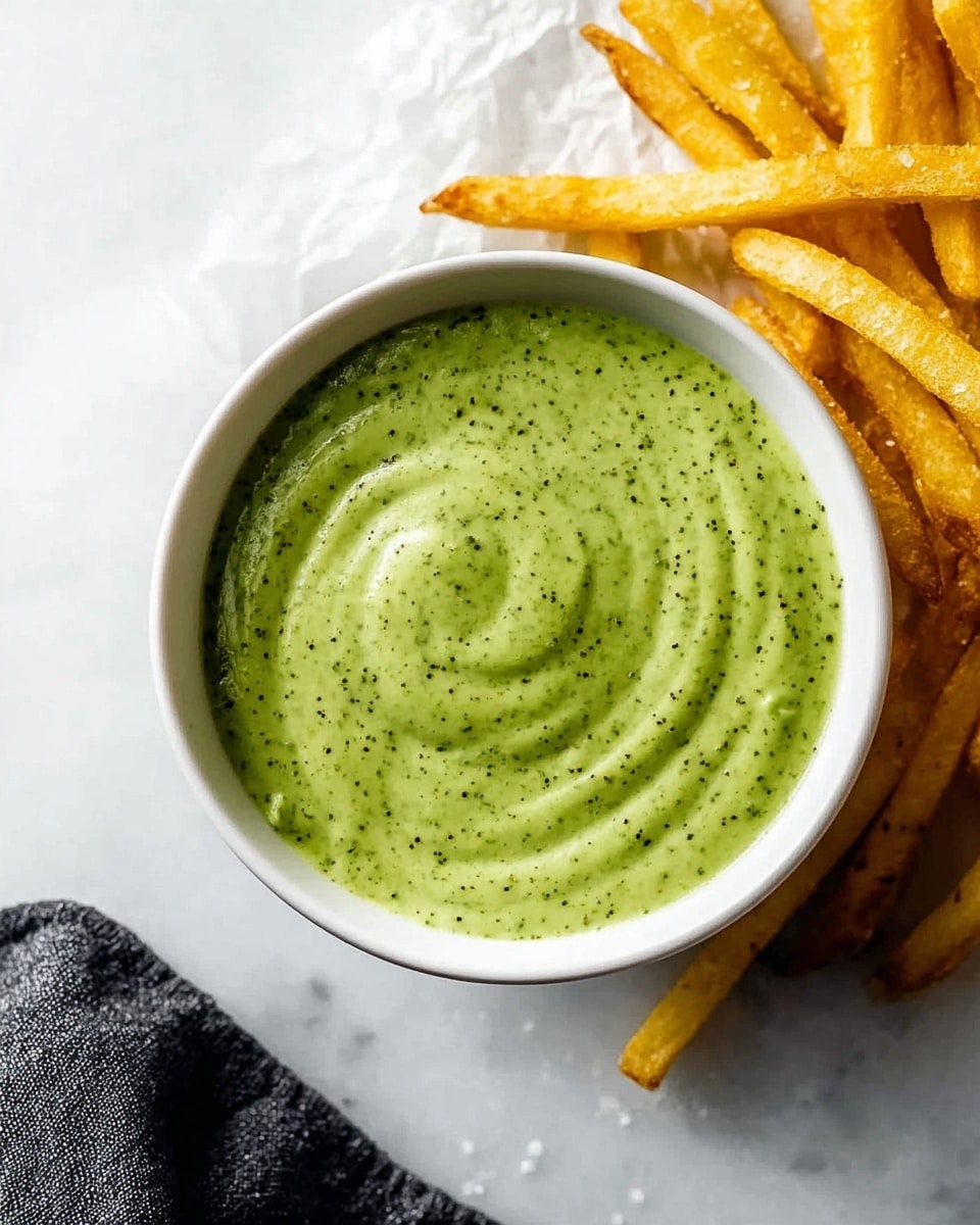 The image shows a white bowl filled with a smooth green sauce that has small dark green specks throughout, creating a textured look. The sauce's surface has gentle swirls, adding depth to its creamy appearance. On the upper side of the image, several golden and crispy French fries are placed on white paper with tiny salt crystals visible. A black cloth is partially visible in the lower left corner, all set against a white marbled background. photo taken with an iphone --ar 4:5 --v 7