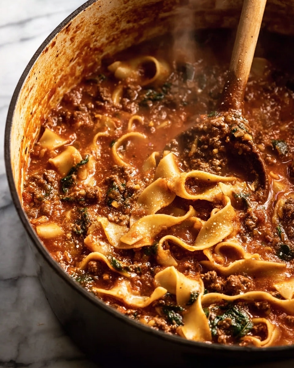 The image shows a thick, rich stew cooking in a large pot. The dish has wide, wavy noodles layered throughout, mixed with small pieces of dark brown meat. The sauce is deep red with a chunky texture, dotted with bits of green herbs or spinach. Steam rises from the hot dish as a wooden spoon stirs it, coating the spoon with the textured sauce and noodles. The pot’s edges are darkened slightly, showing the cooking process. The background surface is a white marbled texture photo taken with an iphone --ar 4:5 --v 7