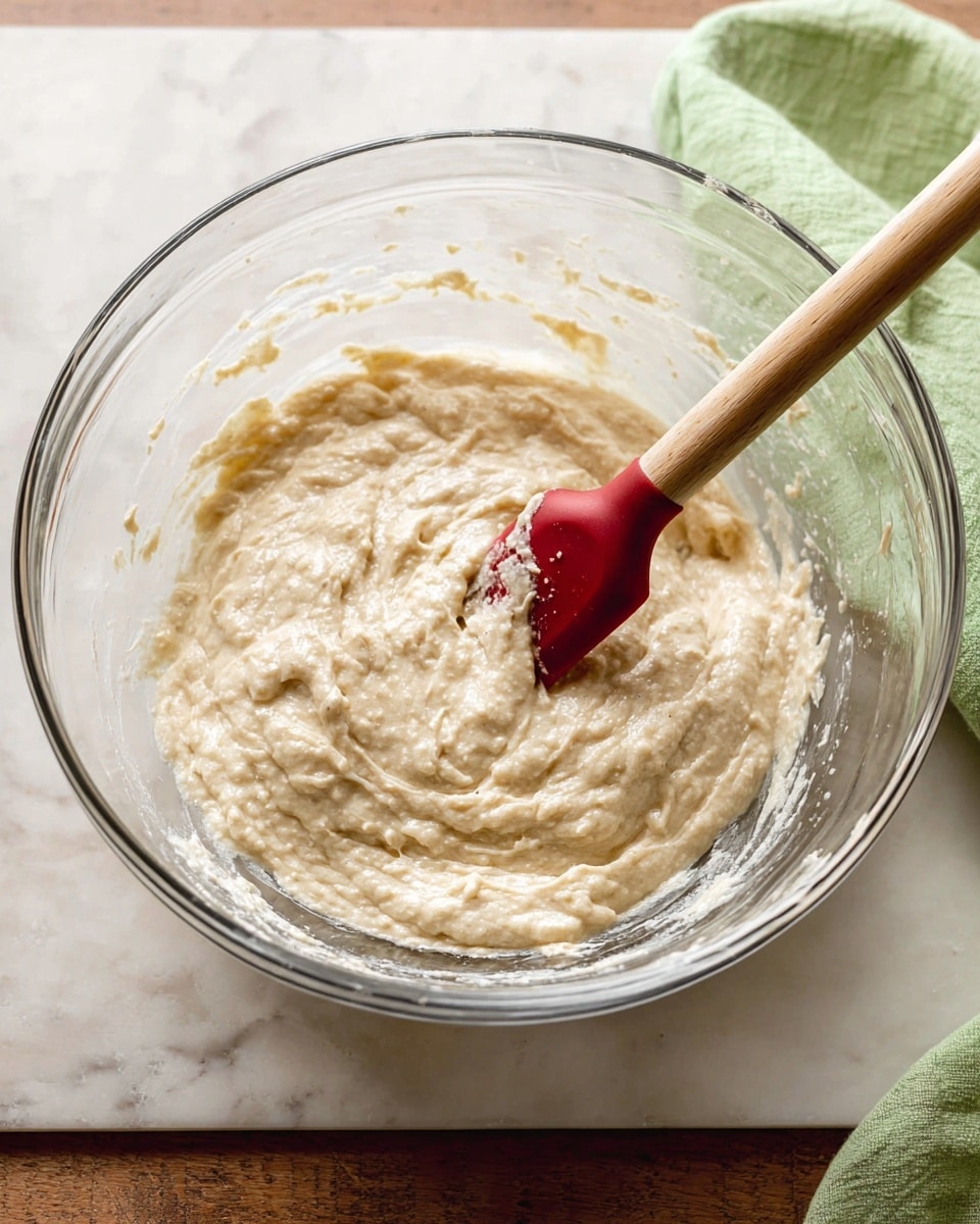 A clear glass mixing bowl filled with thick, light beige batter that has a slightly lumpy texture, being stirred by a red silicone spatula with a wooden handle; the bowl sits on a white marbled surface with a light green cloth partially visible in the top right corner. photo taken with an iphone --ar 4:5 --v 7