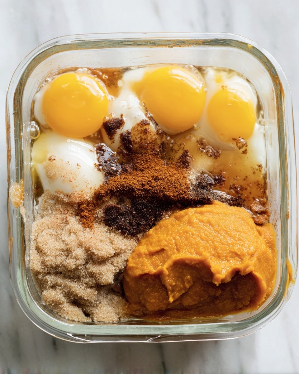 A clear glass square bowl contains several ingredients layered without mixing: four raw eggs with yellow yolks and clear whites spread throughout, a heap of light brown sugar with a grainy texture near the bottom left, a large dollop of smooth orange pumpkin puree on the right, and scattered dark brown spice powders including cinnamon, ginger, and nutmeg over the eggs and pumpkin. The bowl sits on a white marbled surface. Photo taken with an iphone --ar 4:5 --v 7
