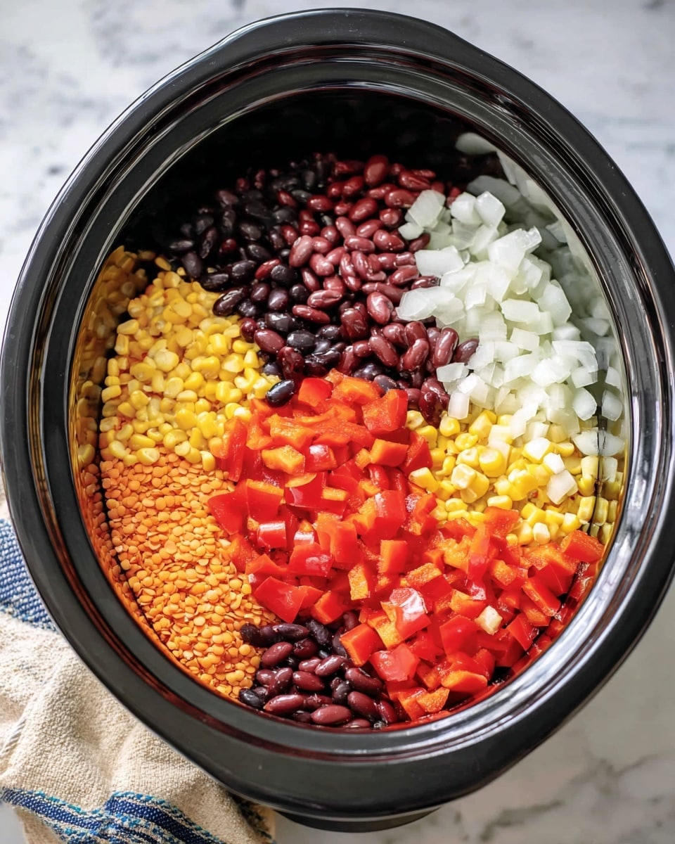 Inside a black slow cooker, there are six layers of ingredients arranged side by side. Starting from the bottom left is a layer of small orange lentils, next to bright yellow corn kernels. Above the corn is a thick layer of diced red bell peppers, which carry on in the middle to cover most of the center. On the top left, there are shiny black beans next to a layer of red kidney beans. To the right of the red beans, there is a layer of chunky white chopped onions. The slow cooker sits on a white marbled surface with a beige and blue striped cloth nearby. photo taken with an iphone --ar 4:5 --v 7