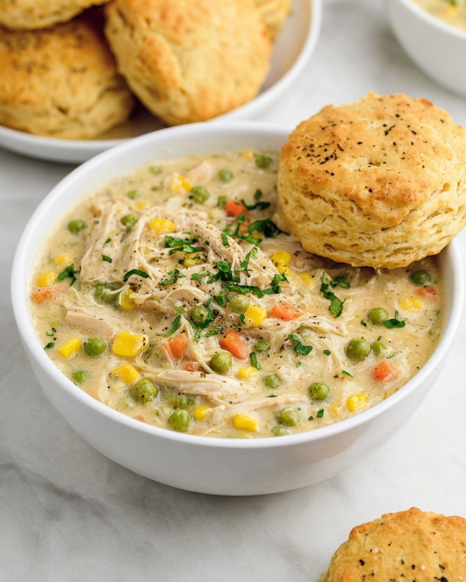 A white bowl filled with creamy chicken and mixed vegetable stew, showing a thick texture with visible shredded chicken, yellow corn, green peas, and small orange carrot pieces, all topped with chopped green herbs and a sprinkle of black pepper; resting on the rim of the bowl is a golden-brown biscuit with a slightly rough surface and small holes, with more golden biscuits in a white bowl in the background, all set on a white marbled surface photo taken with an iphone --ar 4:5 --v 7