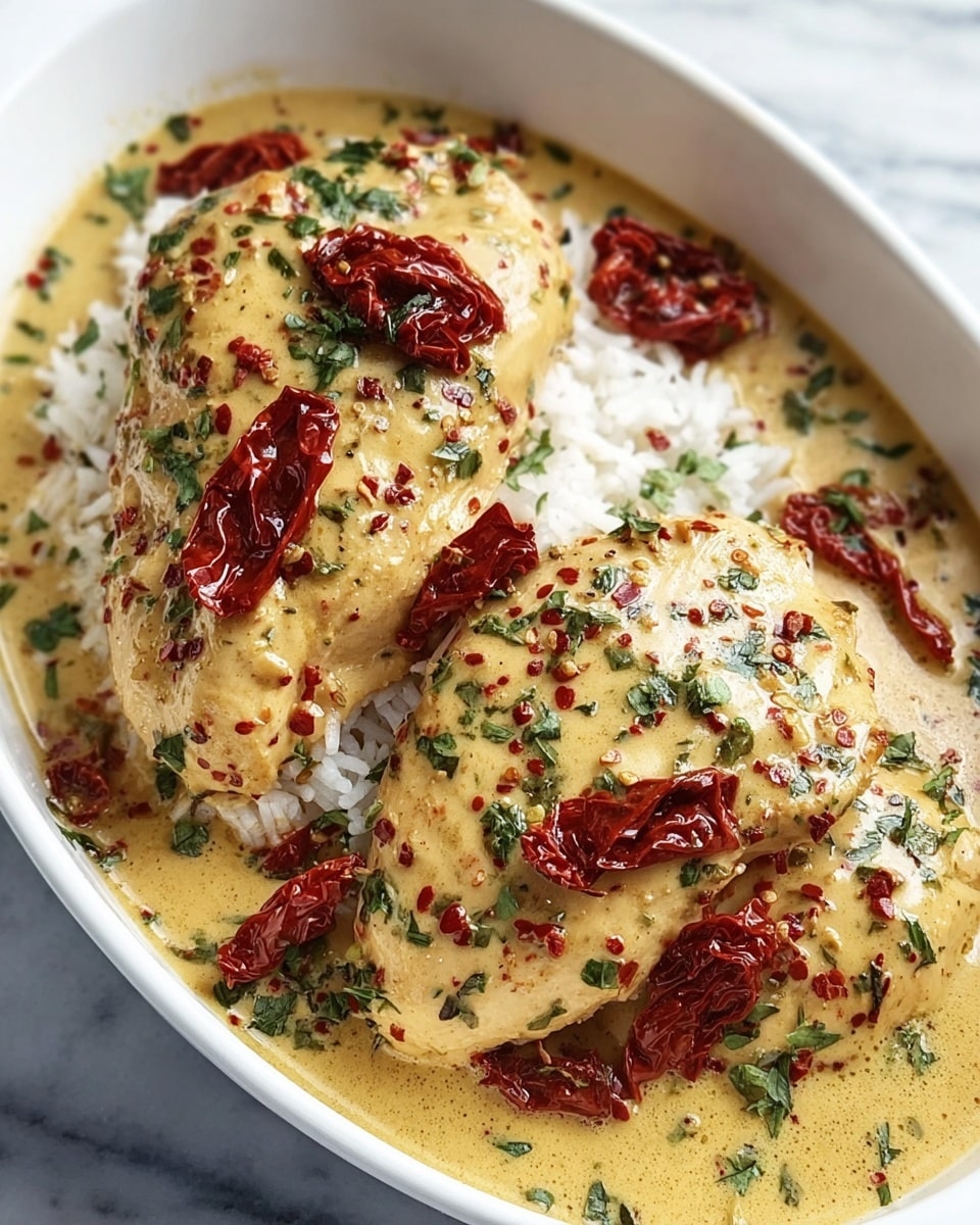 Two large pale yellow chicken pieces sit on a bed of white rice in a white oval dish. The chicken is covered in a creamy mustard sauce speckled with crushed red pepper flakes and chopped green herbs. Scattered on top and around the chicken are several shiny, deep red sun-dried tomatoes. The sauce pools gently around the rice, adding a glossy texture to the dish. The dish rests on a white marbled surface. Photo taken with an iphone --ar 4:5 --v 7