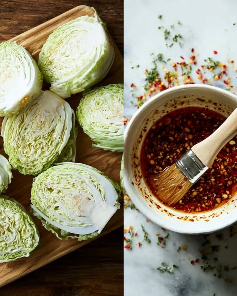 The image shows two parts: on the left, eight pieces of cabbage cut in half and placed on a wooden board, each piece showing white and pale green layers with a smooth yet slightly textured surface; on the right, a white bowl filled with a reddish sauce that has visible spices and herbs, with a brush dipped into the sauce resting inside the bowl, with some small colorful pepper pieces and herbs scattered around on a white marbled surface. Photo taken with an iphone --ar 4:5 --v 7