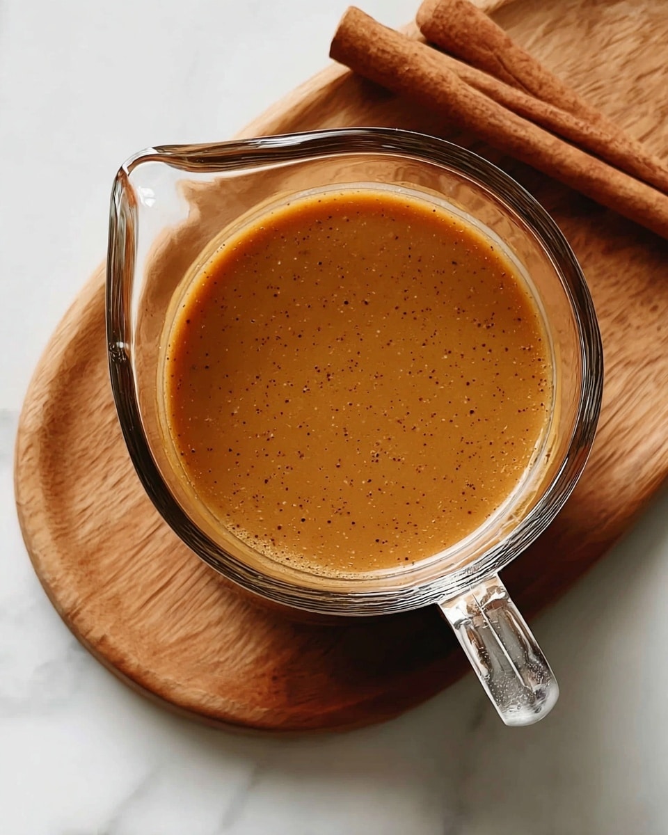 A clear glass measuring cup filled with a smooth, light brown sauce that has tiny darker specks scattered throughout. The sauce looks creamy and thick, filling the cup almost to the top. The cup is placed on a small wooden board next to two cinnamon sticks, all set on a white marbled surface. The handle of the cup is on the right side, and the light creates soft reflections on both the sauce and the glass. Photo taken with an iphone --ar 4:5 --v 7