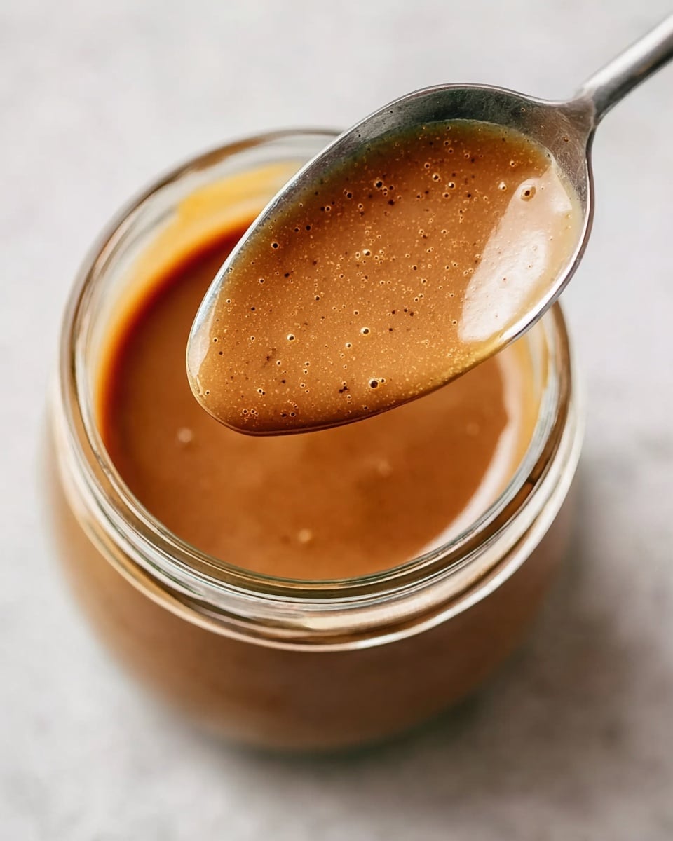A close-up image features a small clear jar filled with a smooth, brown sauce that has tiny dark specks scattered throughout. A silver spoon is held above the jar, showing the sauce’s thick, slightly shiny texture as it coats the spoon’s surface. The jar is set on a white marbled texture, adding a clean and bright feel to the image. Photo taken with an iphone --ar 4:5 --v 7