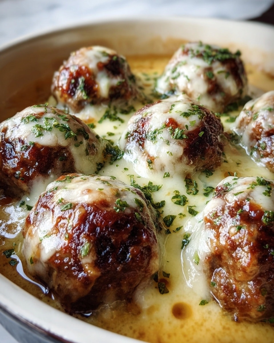 The image shows a close-up of six browned meatballs covered in melted cheese, placed in a white dish filled with a light brown sauce. The cheese is creamy white and melted unevenly on top of each meatball, with small green herb sprinkles spread over the whole dish. The meatballs have a rough texture and a golden dark brown crust. The background is a soft focus of a white marbled surface, giving the dish a fresh look. photo taken with an iphone --ar 4:5 --v 7