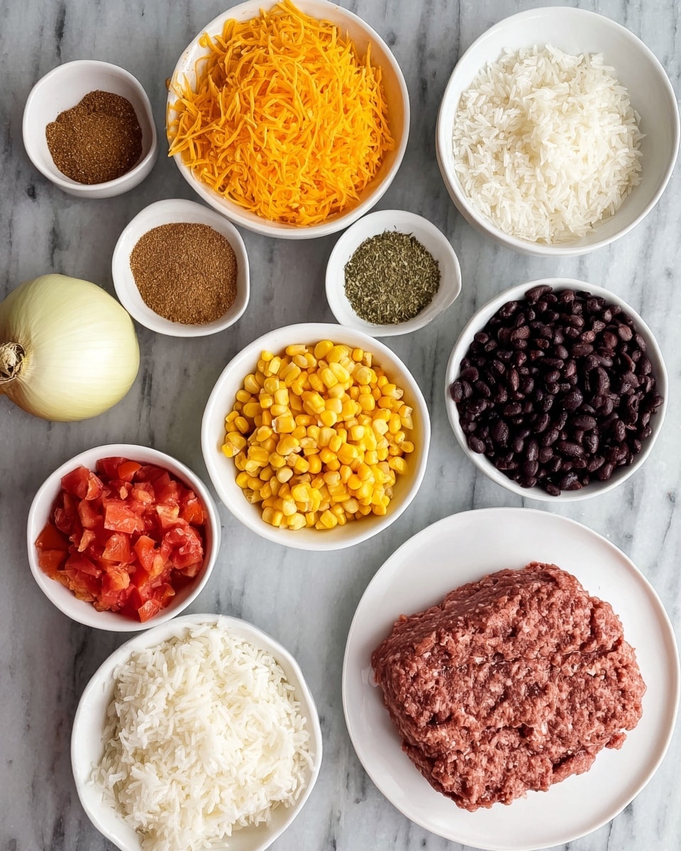 A top view of white bowls arranged on a white marbled surface, each filled with different ingredients: one bowl has shredded orange cheese, another has cooked white rice, a third contains bright yellow corn kernels, a small bowl with brown seasoning powder, a larger bowl with chopped red tomatoes, a small white plate with light green seasoning, a bowl of black beans, and a white plate with raw ground meat flattened evenly. There is also a whole white onion placed near the bowls. photo taken with an iphone --ar 4:5 --v 7