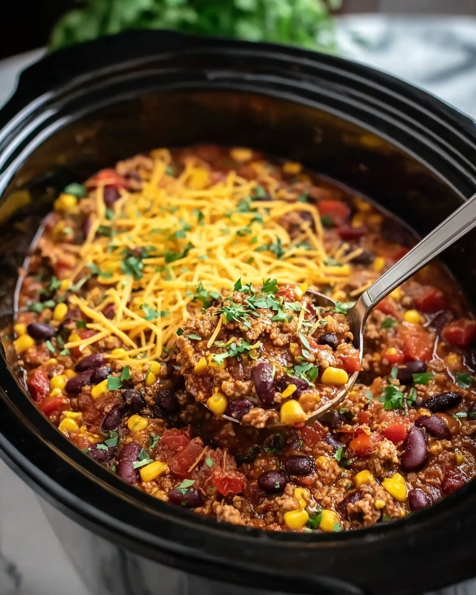 A black slow cooker filled with a thick chili made of brown ground meat, bright yellow corn, small red tomato pieces, dark red beans, and bits of green pepper. The chili is topped with shredded orange cheddar cheese and finely chopped green herbs scattered in the middle. A shiny silver spoon is scooping some chili from the right side of the cooker. The surface underneath has a white marbled texture with a blurred green plant in the far background. Photo taken with an iphone --ar 4:5 --v 7