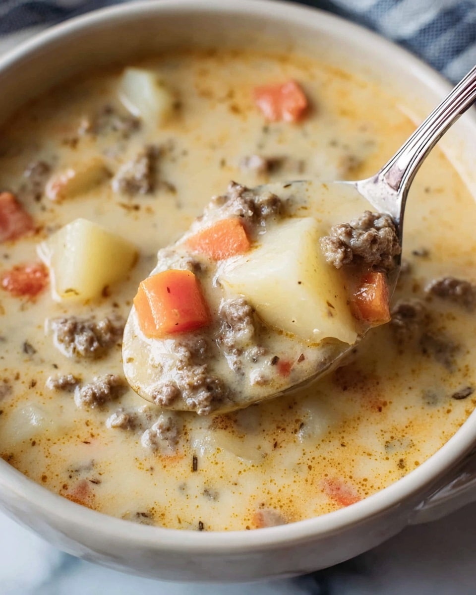 A close-up image of a creamy soup served in a white bowl. The soup has a thick, light beige base, filled with small, soft-looking chunks of orange carrots and white potatoes evenly spread throughout. Small pieces of browned ground meat are scattered in the soup, adding a bit of texture and color contrast. A silver spoon lifts a spoonful of the soup, showing a mix of the creamy broth, meat, and vegetables. The surface where the bowl sits is a white marbled texture. photo taken with an iphone --ar 4:5 --v 7