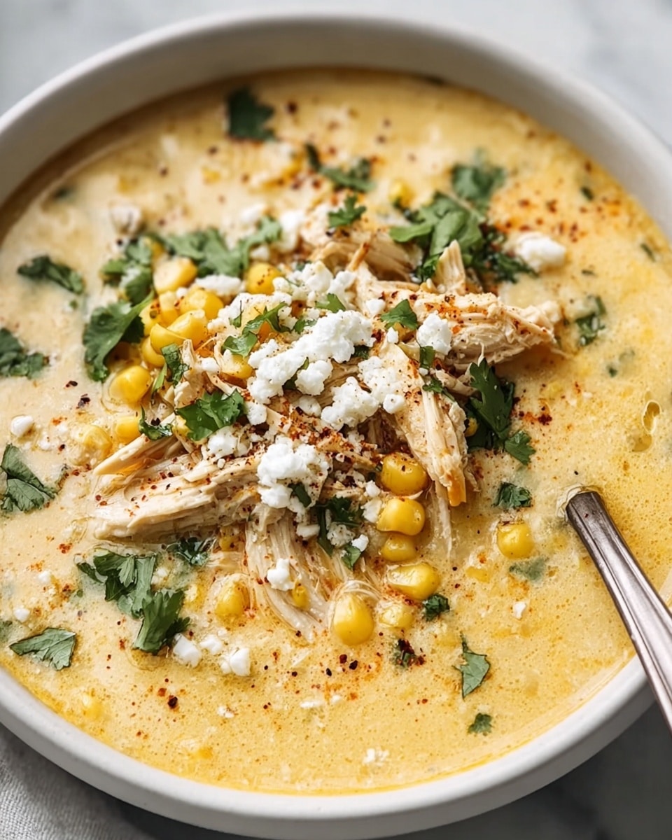 A white bowl filled with creamy light yellow soup with visible texture, topped with a layer of shredded light beige chicken pieces, bright yellow corn kernels, small green cilantro leaves scattered on top, and white crumbled cheese, all sprinkled with coarse black pepper and a hint of paprika, sitting on a white marbled surface. A spoon is partly visible on the right side inside the bowl. photo taken with an iphone --ar 4:5 --v 7
