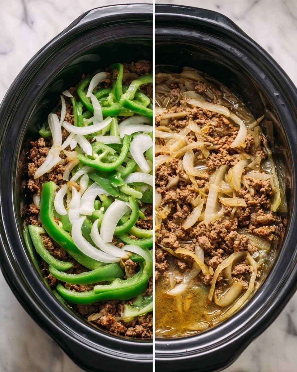 The image shows two close-up views inside a black slow cooker on a white marbled surface. The left side depicts the raw layers: thin strips of green bell pepper lying on the bottom, topped with browned ground meat scattered unevenly, and finished with white onion slices spread over the top. The right side shows the same ingredients cooked together, with the onions and peppers soft and mixed into the browned meat, all sitting in a light broth that fills the bottom of the cooker. The colors shift from the fresh green, white, and brown to a warmer, slightly translucent golden tone after cooking. Photo taken with an iphone --ar 4:5 --v 7