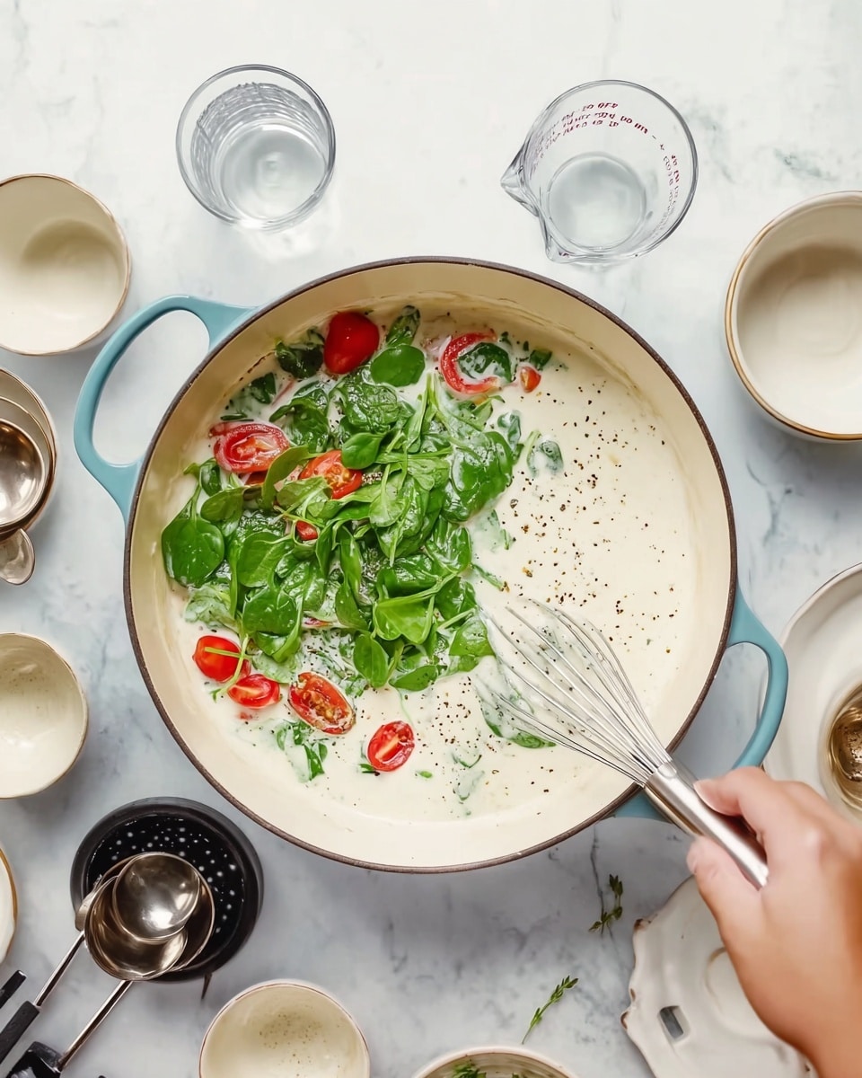 A large white cooking pot with light blue handles sits on a white marbled surface. Inside the pot, there is a creamy white sauce with small black pepper specks, fresh bright green spinach leaves scattered mostly on one side, and halved red cherry tomatoes peeking through the sauce. A woman's hand is holding a whisk on the right side, mixing the ingredients gently. Around the pot are various white bowls and measuring cups, including a clear measuring cup with water, metal measuring spoons, and a black measuring cup. The scene is bright and clean, showing a fresh cooking process. photo taken with an iphone --ar 4:5 --v 7
