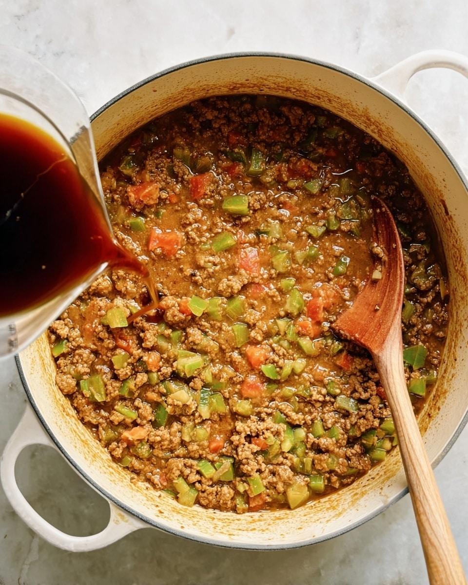 A large white pot filled with a thick mixture of cooked ground meat, diced green vegetables, and chunks of red tomatoes in a light brown sauce, with a wooden spoon partially submerged on the right side of the pot. On the bottom left corner, a container is pouring dark brown liquid into the pot. The background is a white marbled surface. photo taken with an iphone --ar 4:5 --v 7