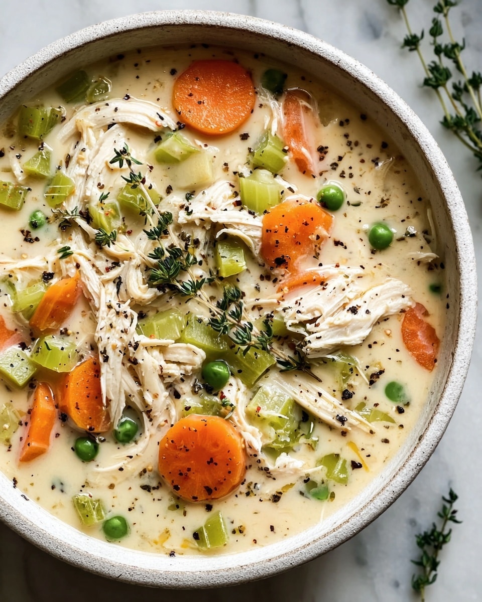 A rustic white bowl is filled with creamy chicken soup showing several layers: the base is a light cream broth with a smooth texture, floating on top are shredded white chicken pieces, soft round orange carrot slices, bright green celery chunks, and green peas. The soup is garnished with fresh thyme sprigs and sprinkled with coarse black pepper, adding a touch of color contrast and texture. The bowl sits on a white marbled surface, giving a clean and simple background. photo taken with an iphone --ar 4:5 --v 7