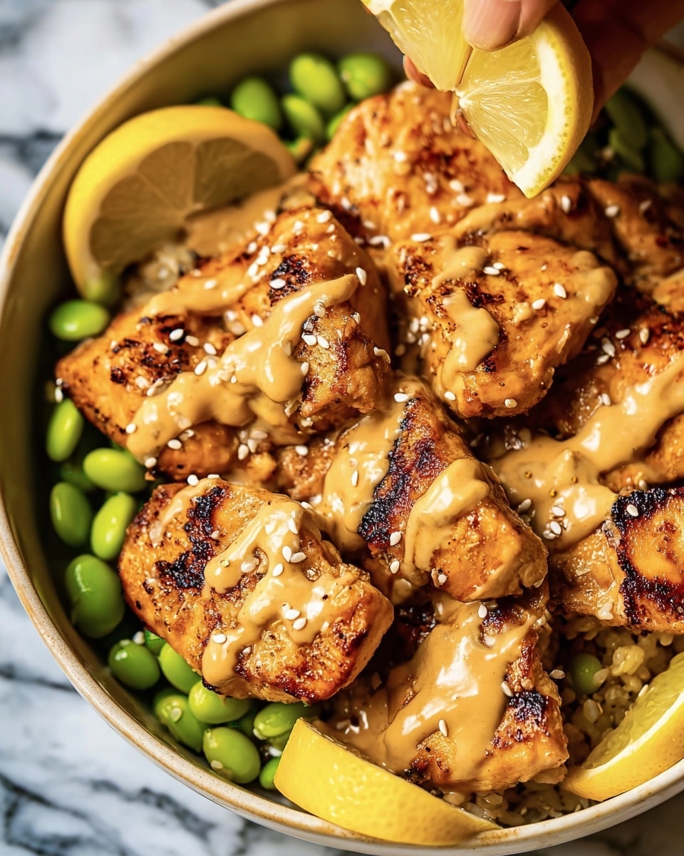 The image shows several pieces of golden brown grilled chicken with a creamy light brown sauce drizzled on top, sprinkled with small white sesame seeds. The chicken pieces are arranged in the center of a white bowl, surrounded by bright green edamame beans and small yellow lemon wedges on a white marbled surface. The chicken has a slightly crispy texture with some char marks, and the creamy sauce has a smooth, rich appearance. A woman's hand is holding one lemon wedge above the chicken. Photo taken with an iphone --ar 4:5 --v 7