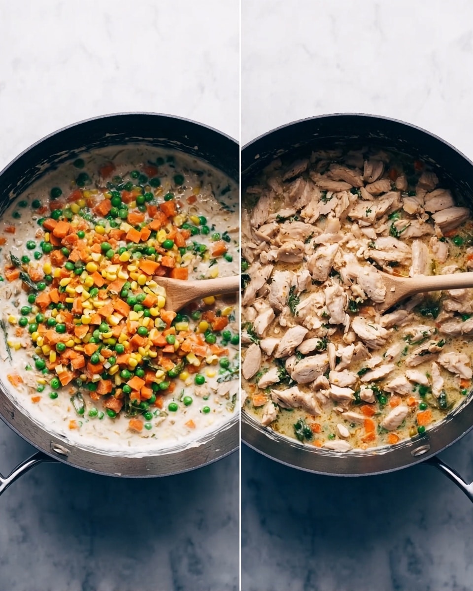The image shows two side-by-side views of a large black pot on a white marbled surface. In the left view, the pot contains three layers: a white creamy sauce base, topped with a mixture of diced orange carrots, yellow corn, green peas, and green beans scattered on top, with a wooden spoon placed inside the pot resting on the vegetables. In the right view, the same pot has an added top layer of light beige cooked chicken pieces spread evenly over the vegetable mix and creamy sauce, with the same wooden spoon positioned at the same spot. Photo taken with an iphone --ar 4:5 --v 7