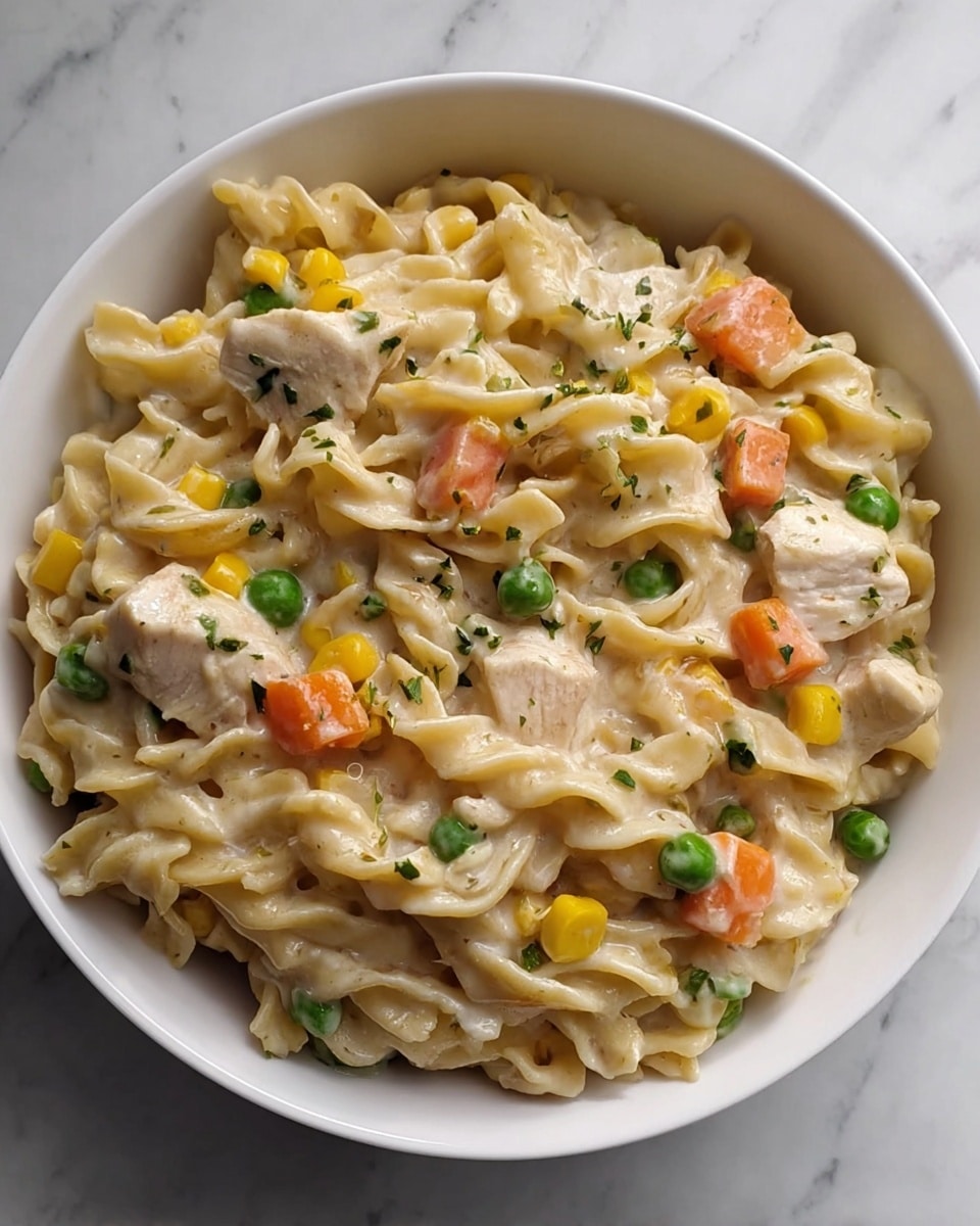A white bowl filled with creamy noodles layered with white chicken pieces, bright orange carrot chunks, green peas, and yellow corn kernels mixed evenly throughout. The noodles are coated in a smooth, light beige sauce with small green herb bits sprinkled over the dish. The bowl is placed on a white marbled surface. photo taken with an iphone --ar 4:5 --v 7