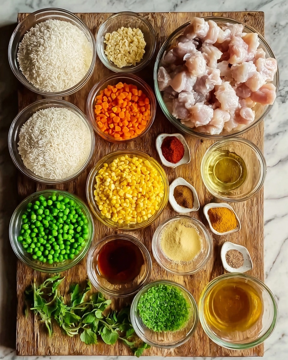 A wooden board is filled with many clear bowls holding ingredients for cooking. In the top right is a large bowl filled with raw small white pieces of meat. Surrounding this are smaller bowls with bright green peas, orange corn, yellow corn, and light yellow minced garlic. Other small bowls hold various spices in different shades of brown, a pale yellow powder, and a couple of light golden liquids. Three medium bowls contain white uncooked rice and are placed on the left side. Fresh green herb leaves are scattered between some bowls. The wooden board lies on a white marbled surface photo taken with an iphone --ar 4:5 --v 7