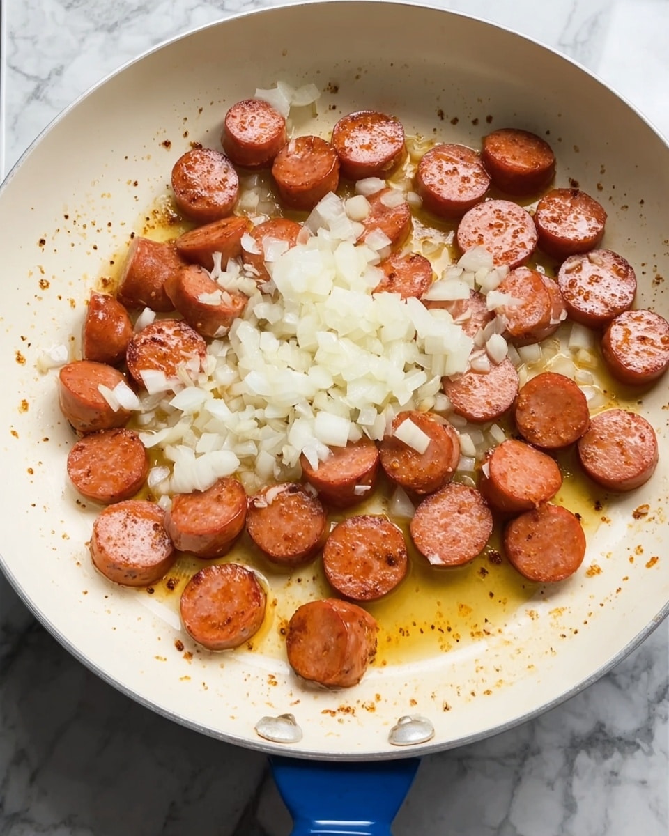 A white frying pan on a stove holds many round sausage slices with a light brown sear on the edges and shiny cooked surface in an oily base. On top, there is a pile of small, white, chopped onion pieces spread slightly outward from the center. The pan has a blue handle and the background shows a white marbled texture where the stove is placed. The overall look is warm and shiny from cooking oil and the browned sausages photo taken with an iphone --ar 4:5 --v 7