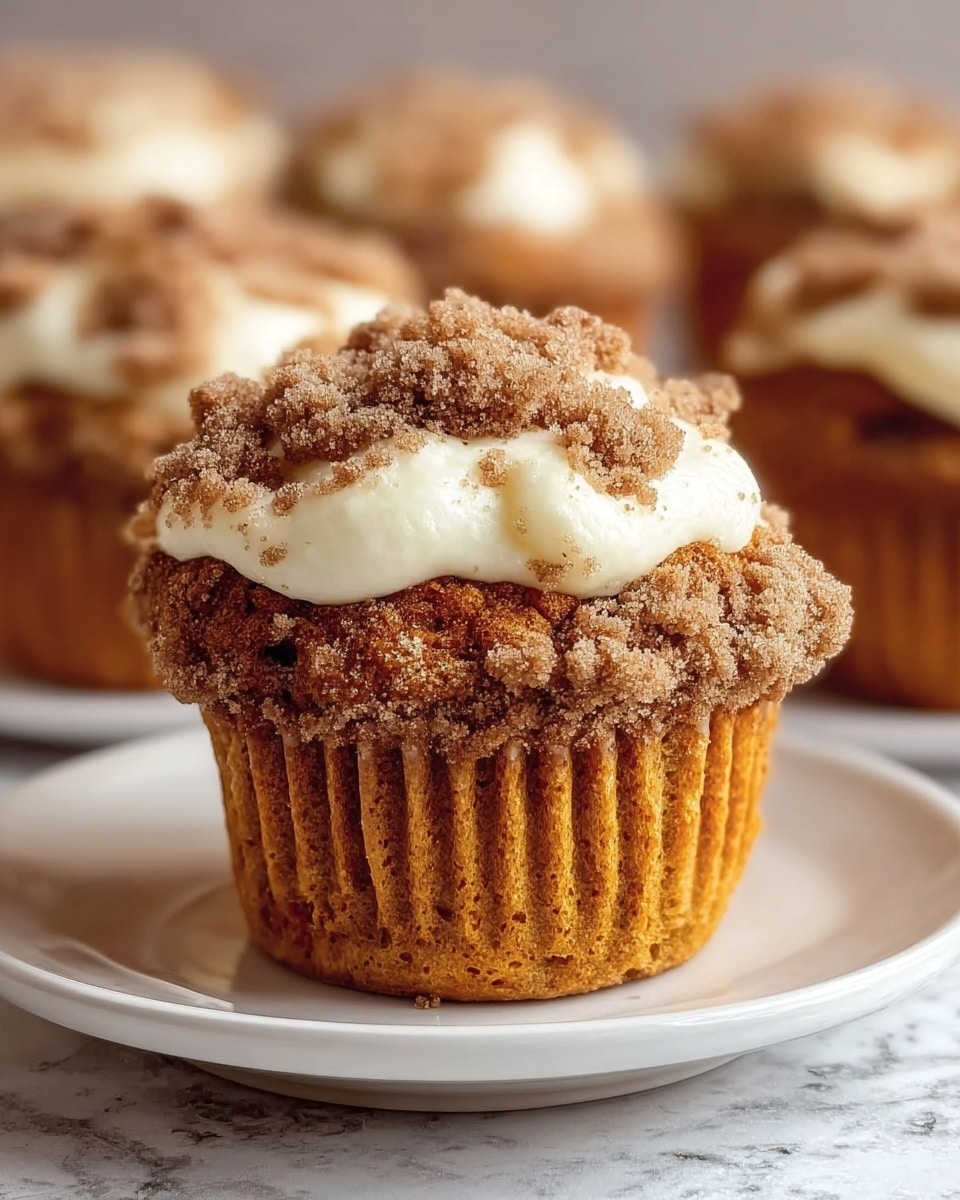 A close-up of a single muffin with three visible layers: the bottom layer is a warm brown muffin base with a slightly rough texture and ridged paper cup, in the middle there is a smooth white cream layer dolloped on top, and the topmost layer has crumbly, coarse light and dark brown streusel sprinkled generously around the cream and over the muffin top. The muffin sits on a smooth white plate, and the background is softly blurred with other similar muffins. The surface beneath is a white marbled texture. Photo taken with an iphone --ar 4:5 --v 7