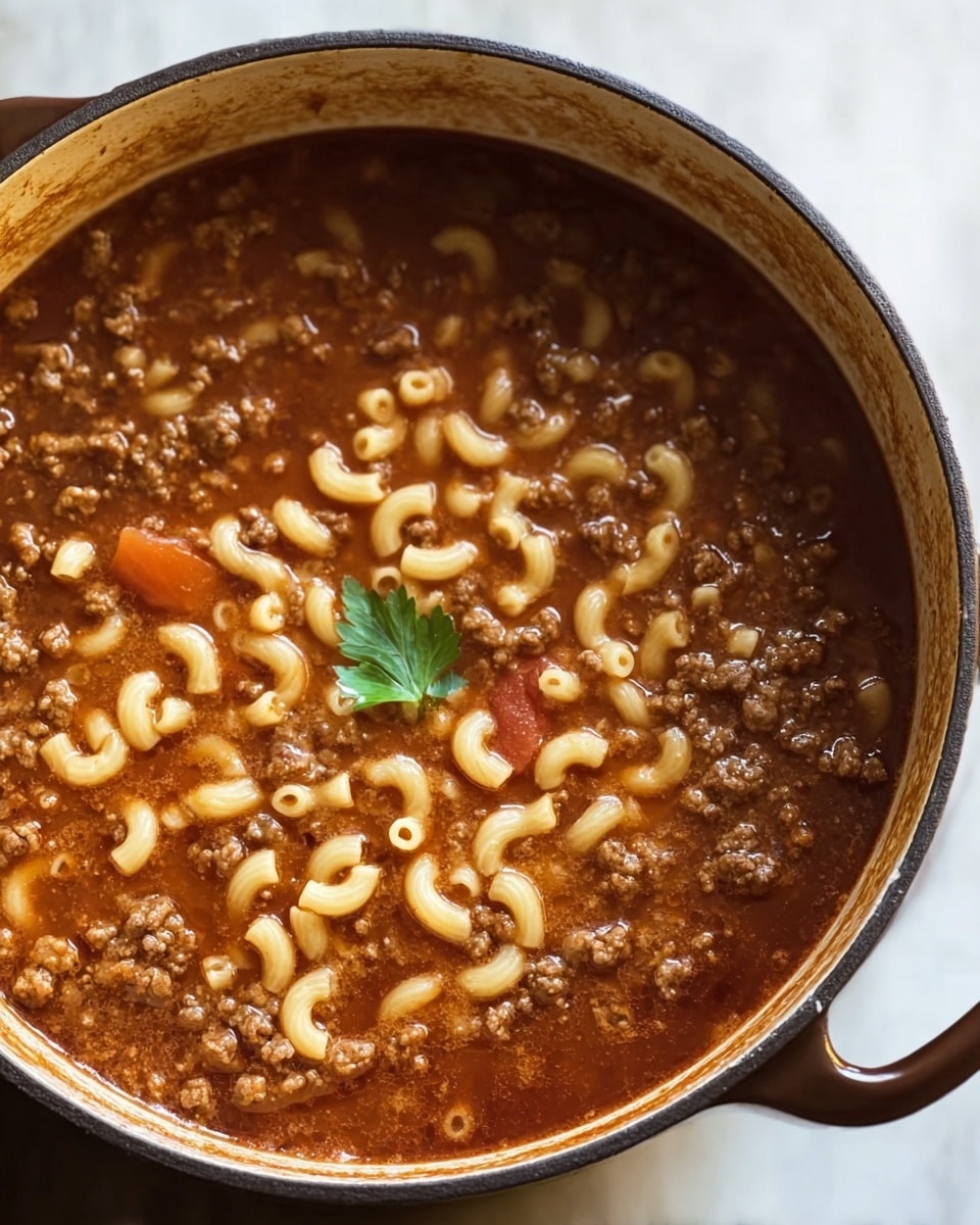 The image shows a large brown pot filled with a thick soup that has three main layers visible. The top layer is a shiny dark reddish-brown broth with a few small chunks of orange tomatoes and a single green parsley leaf in the center. Below this, there are many pieces of light beige elbow macaroni pasta scattered throughout. The bottom layer consists of small crumbled bits of browned ground meat mixed evenly. The inside of the pot has a worn look with some residue marks near the rim. The pot is placed on a white marbled surface. photo taken with an iphone --ar 4:5 --v 7