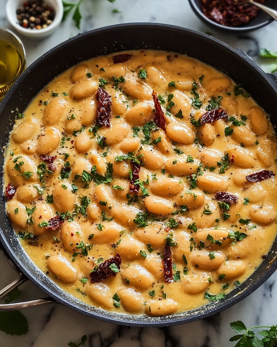 This image shows a round black pan filled with creamy beans in a thick, light golden sauce. The beans are smooth, oval-shaped, and covered in a glossy texture. Scattered on top are small pieces of dark red dried chili and chopped fresh green parsley, adding contrast to the creamy beans. Black pepper flakes sprinkle the dish, adding small dark spots across the surface. The pan rests on a white marbled surface with some blurred leaves and small bowls in the background. Photo taken with an iphone --ar 4:5 --v 7
