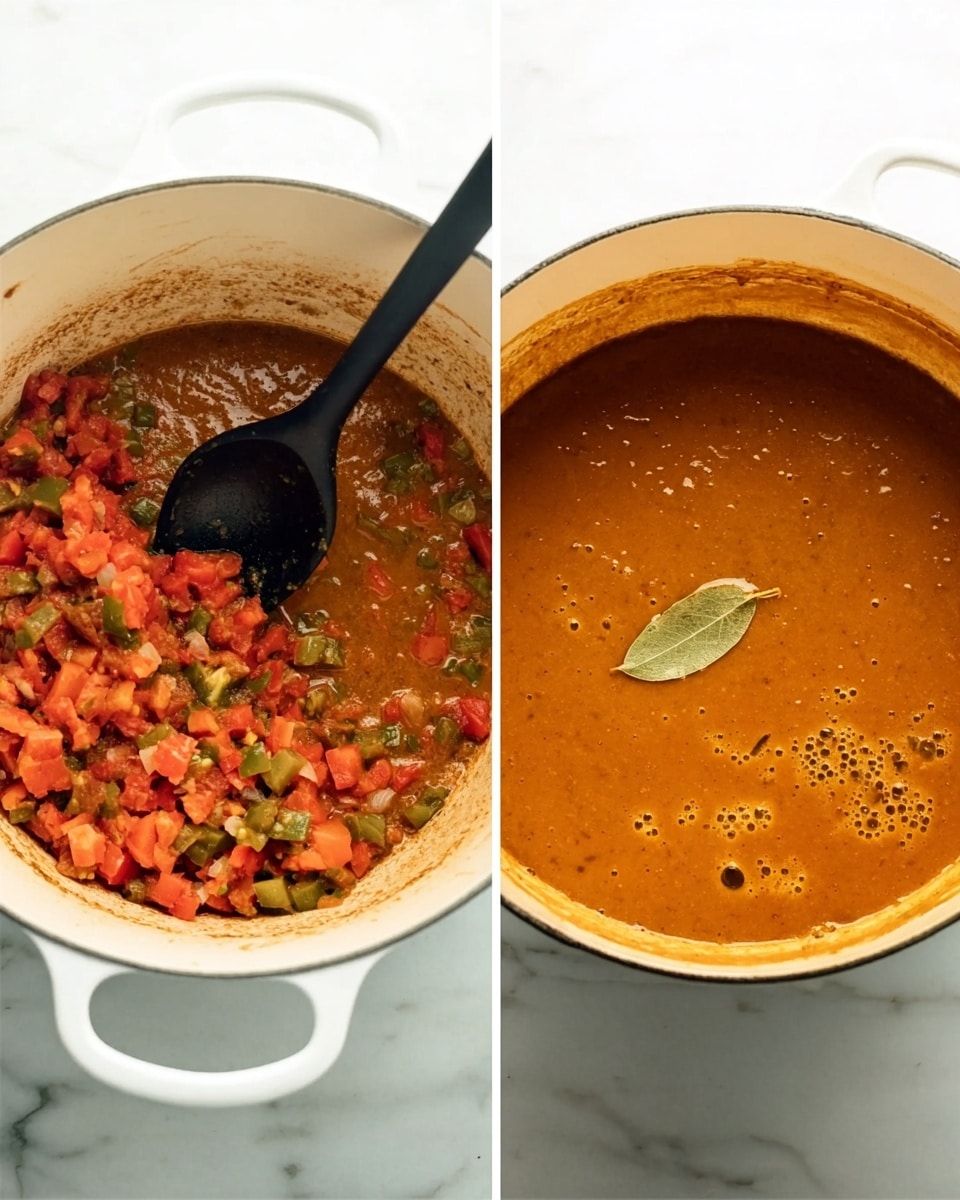 Two side-by-side images show the cooking process in a white pot on a white marbled surface. On the left, the pot contains two layers: the bottom layer is a mix of chunky diced vegetables in red and green colors with soft texture, and the top layer shows a black spoon stirring the vegetables with traces of sauce coated inside the pot. On the right, the pot is filled with one smooth layer of thick orange-brown soup or sauce, with bubbles and a single green bay leaf floating near the edge. Photo taken with an iphone --ar 4:5 --v 7