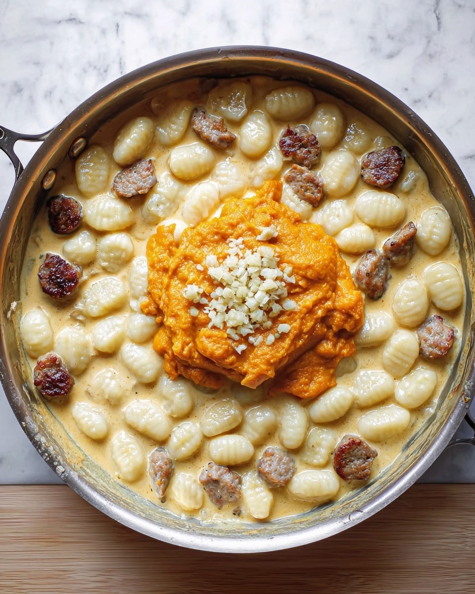 A round metal pan filled with creamy sauce holding many white gnocchi pieces evenly spread throughout. Mixed among the gnocchi are small, round slices of browned sausage, adding darker spots across the pan. In the center, there is a thick, bright orange mound of pumpkin puree topped with finely chopped white garlic. The pan rests on a white marbled surface. photo taken with an iphone --ar 4:5 --v 7