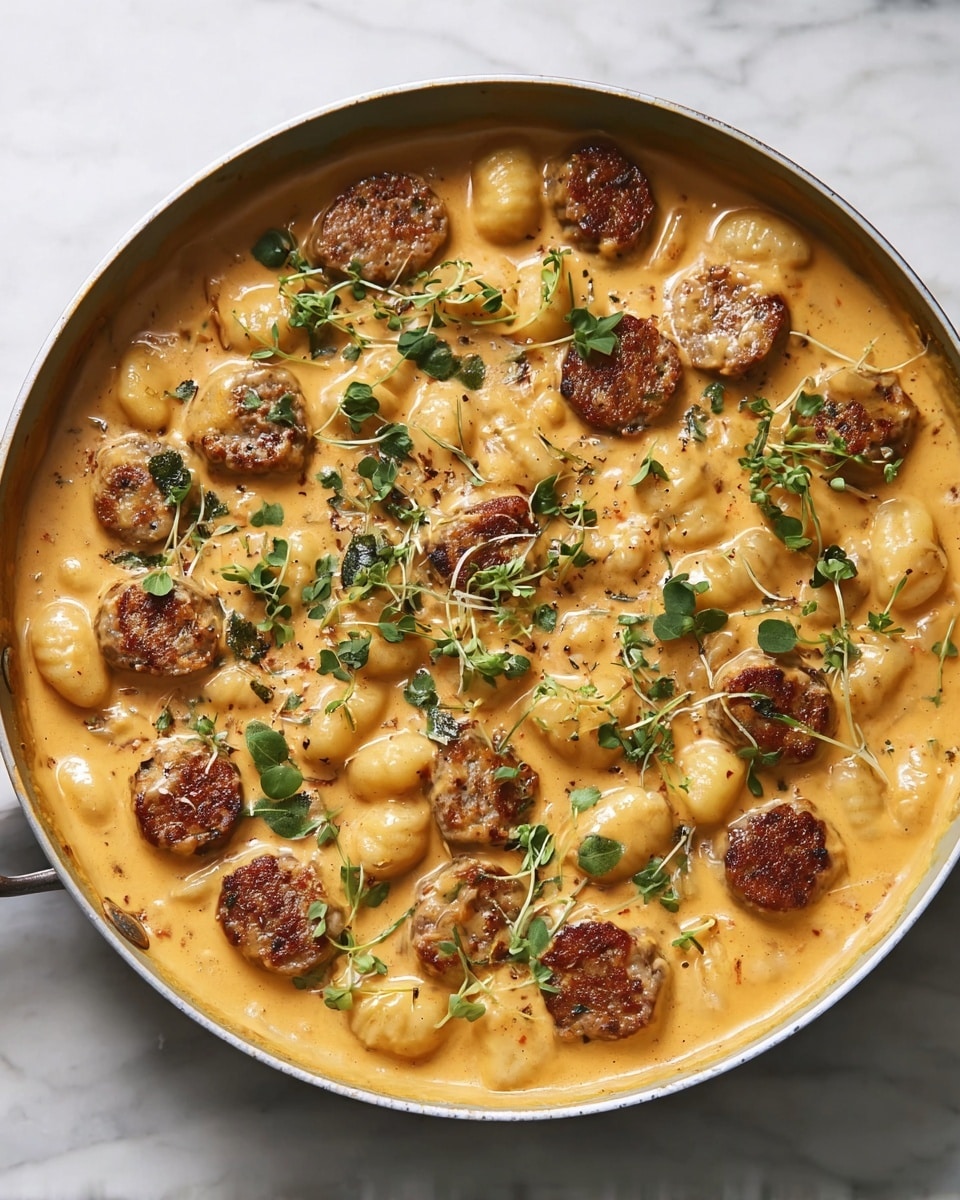 The image shows a large round pan filled with a creamy, orange-colored sauce. Inside the sauce, there are many small gnocchi pieces that are soft and light yellow. Scattered evenly throughout the pan are browned, round slices of sausage with a textured, slightly crispy surface. Fresh green herb sprigs and small leaves are sprinkled over the dish, adding a touch of color and freshness. The surface underneath the pan is white marble. photo taken with an iphone --ar 4:5 --v 7