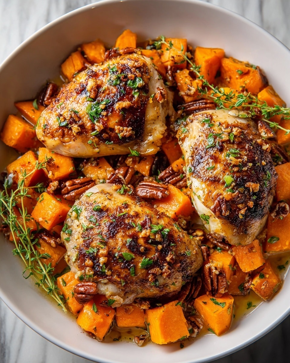 A white bowl filled with three golden-brown roasted chicken pieces placed on top of a layer of bright orange roasted sweet potato cubes. The chicken pieces have a slightly charred, crispy texture and are garnished with fresh green herbs and chopped pecans. Around the chicken and sweet potatoes, there are sprigs of fresh thyme. The dish has a glossy finish from a light coating of sauce or oil, with a white marbled surface underneath. photo taken with an iphone --ar 4:5 --v 7