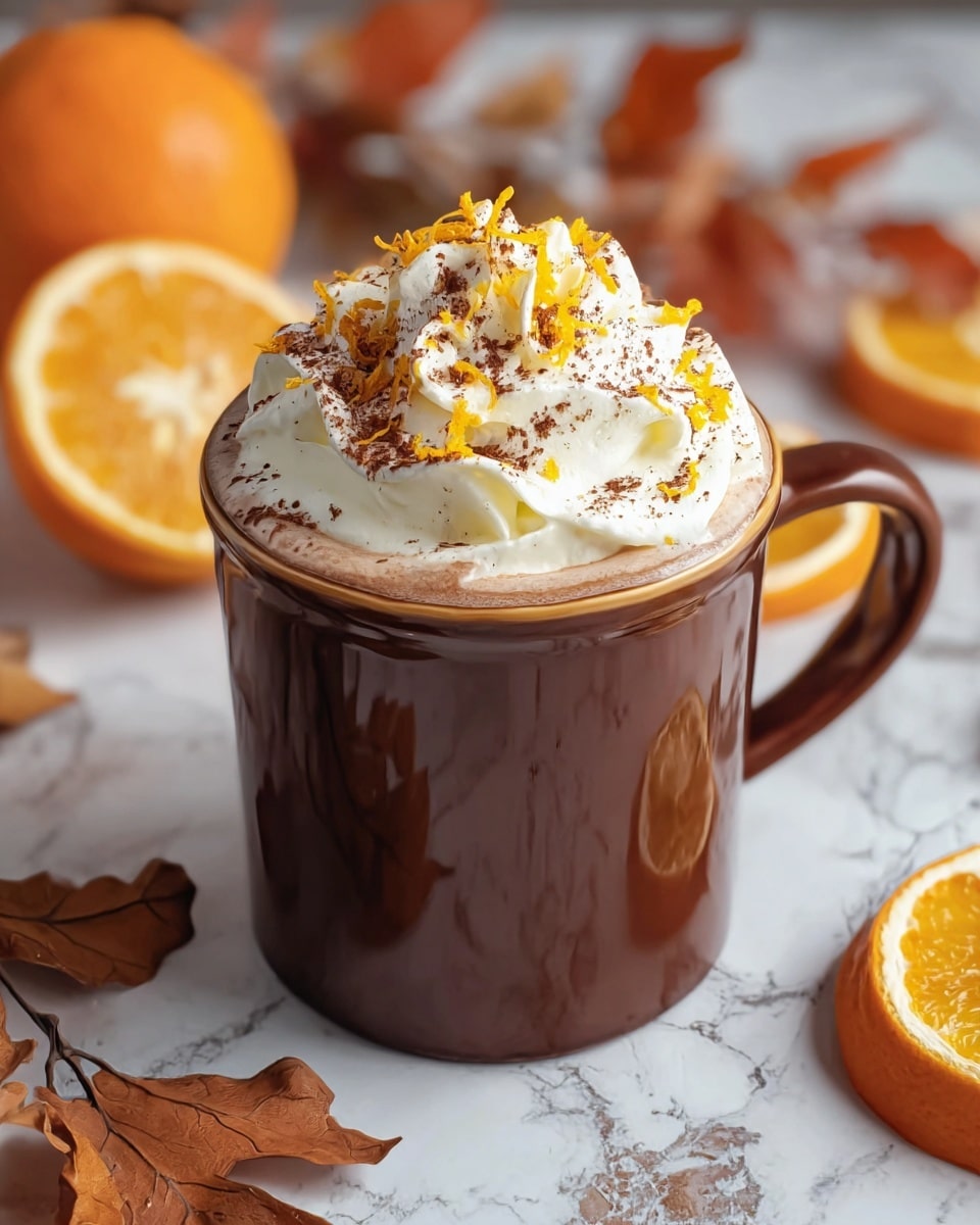A warm drink is in a shiny brown mug with a handle, placed on a white marbled surface. The drink has three layers: the bottom layer is a smooth brown liquid, the middle layer is a swirl of white whipped cream piled high, and the top is sprinkled with brown powder and thin yellow-orange zest curls scattered over the whipped cream. Around the mug, there are orange slices and brown and orange dried leaves, adding a cozy autumn feel. Photo taken with an iphone --ar 4:5 --v 7