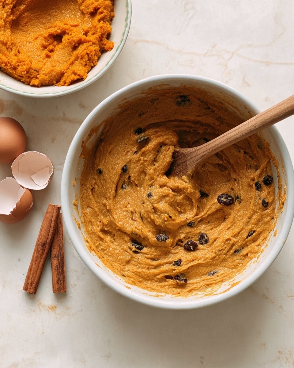 A white bowl filled with thick, smooth, orange-brown batter mixed with darker pieces, likely raisins or nuts, with a wooden spoon inside. Next to the bowl, two cinnamon sticks and some broken eggshells rest on a white marbled surface. Above the bowl, there is another white bowl filled with a bright orange mixture, possibly pumpkin puree. The scene is simple with a warm, rustic feel, showing the ingredients ready for baking photo taken with an iphone --ar 4:5 --v 7