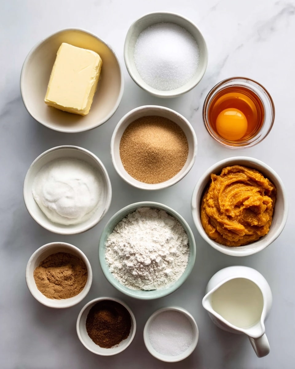The image shows twelve small white bowls arranged neatly on a white marbled surface, each holding a different baking ingredient. Starting from the top left, there is a white bowl with a solid block of pale yellow butter, next to it a white bowl filled with granulated white sugar. To the right, another white bowl contains a raw egg with a deep orange yolk. Below the sugar, a smaller white bowl holds light brown sugar with a soft texture. Underneath the butter, a taller white container with a white lid is filled with salt. Next to the salt, a clear glass cup contains amber honey. Beside the egg, a white bowl is filled with smooth, orange pumpkin puree. Beneath these, a white bowl holds white flour, and next to it, a smaller white bowl has a small amount of salt. To the left bottom corner, two small white bowls contain brown sugar mixed with white sugar, and dark brown ground cinnamon. Finally, at the bottom right, a small white pitcher is filled with light cream or milk. All items appear fresh, neatly presented, with soft natural light highlighting the textures and colors. photo taken with an iphone --ar 4:5 --v 7