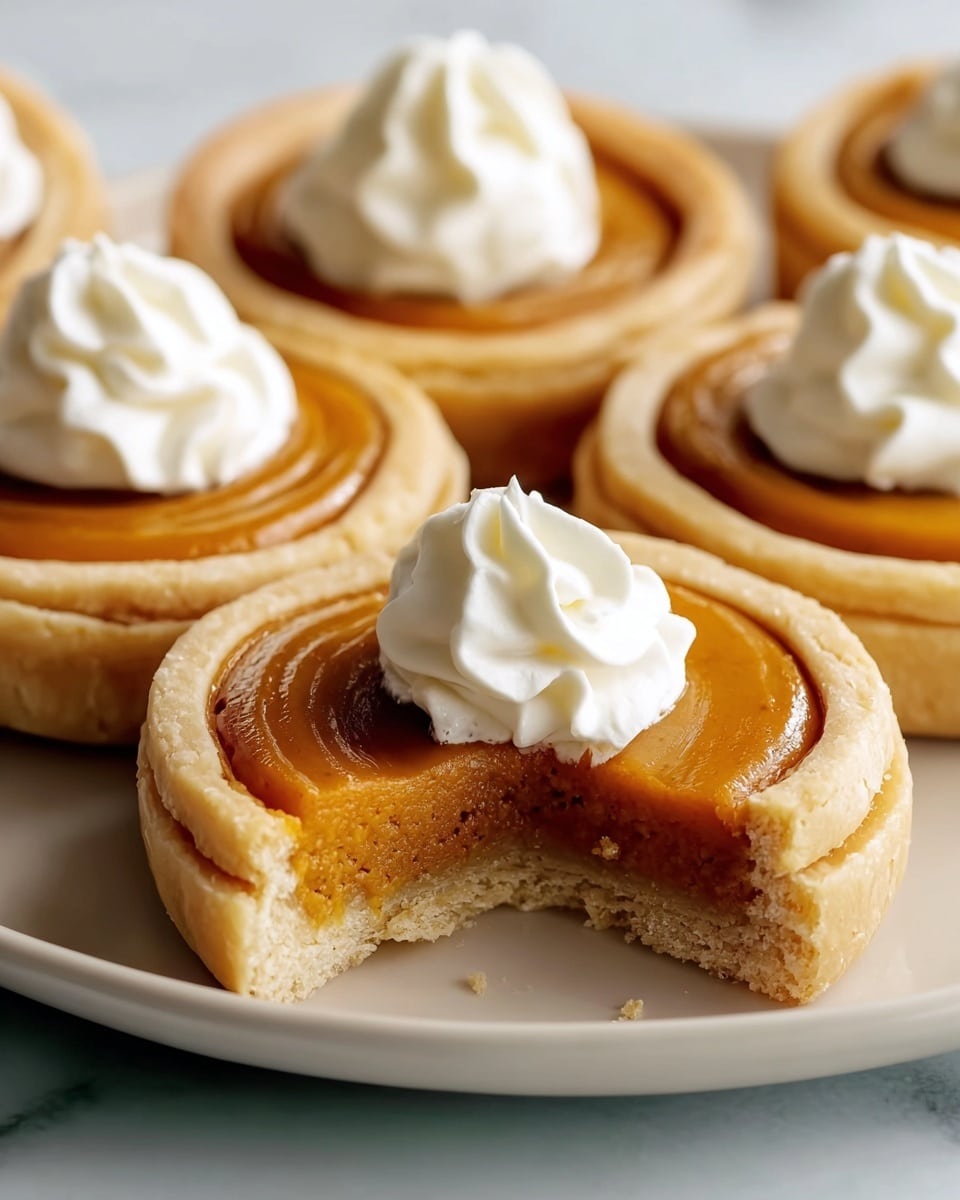 The image shows several small pumpkin tarts on a white plate with a white marbled surface underneath. Each tart has a thick, light beige crust with a slightly crumbly texture, holding a smooth, rich orange pumpkin filling that is almost glossy. On top of each pumpkin layer is a small dollop of white whipped cream, shaped with a soft peak. One tart in the front is broken in half, revealing the two layers clearly: the soft pumpkin filling above a thin base crust, with the whipped cream visible in between where it broke. The overall look is warm and inviting, with the tarts arranged closely together. photo taken with an iphone --ar 4:5 --v 7
