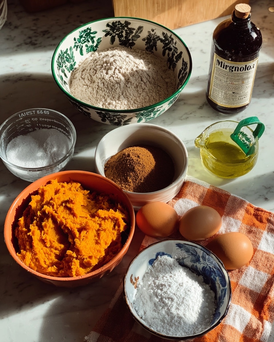 The image shows various baking ingredients arranged on a white marbled texture with a wooden surface underneath. There is a white bowl with dark green floral patterns filled with a light brown powder, likely flour. In front is an orange bowl holding a bright orange mash, probably pumpkin. To the right of this bowl are two brown eggs resting on a checkered orange and white towel. Next to the eggs is a white bowl filled with dark brown sugar. On the left side, there is a small white bowl containing white granulated sugar, near a green measuring cup filled with a clear yellow liquid, likely oil. Behind the orange bowl is a dark brown bottle labeled