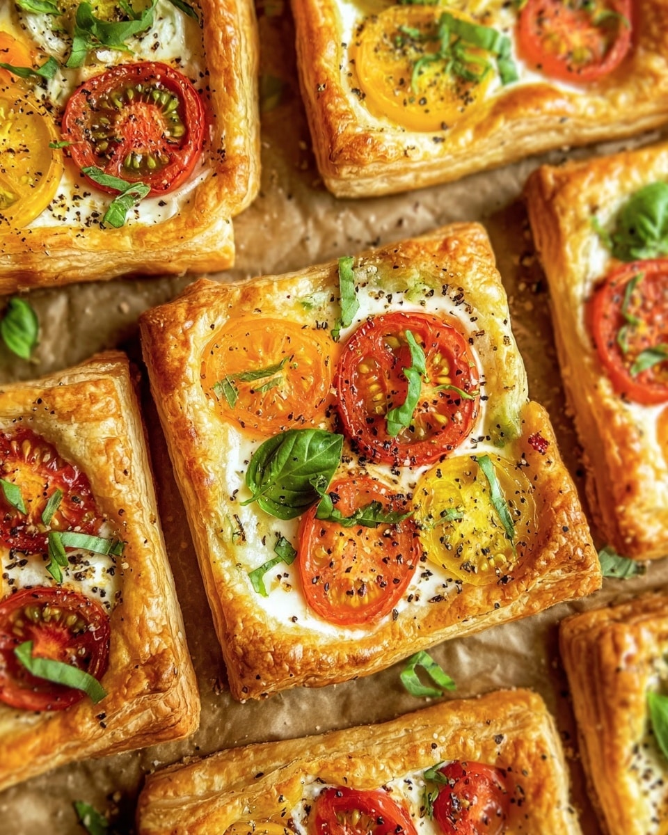 The image shows several square-shaped puff pastries arranged closely together on brown parchment paper. Each pastry has a golden-brown flaky crust with a lightly puffed edge. The inside layer is creamy white, topped with slices of red, yellow, and orange tomatoes. The tomatoes are scattered evenly on each pastry and sprinkled with small black specks of cracked pepper and green thinly sliced basil leaves. The overall look is fresh and colorful with a mix of warm and cool tones. Photo taken with an iphone --ar 4:5 --v 7