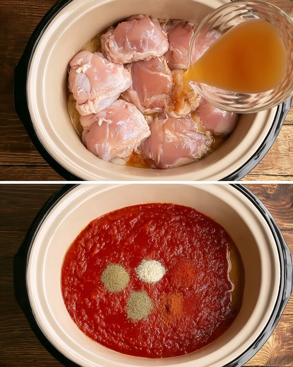 The first image shows a white slow cooker filled with four raw pale pink chicken pieces that cover the bottom in a single layer, sitting on a wooden surface. The second image, also a white slow cooker on the same wooden surface, is filled with a thick bright red sauce spread evenly over the raw chicken layer; on top of the sauce, there are three small piles of light beige, green, and red spices placed neatly next to each other in the center. A clear glass measuring cup is pouring light brown liquid into the slow cooker from the right side. photo taken with an iphone --ar 4:5 --v 7
