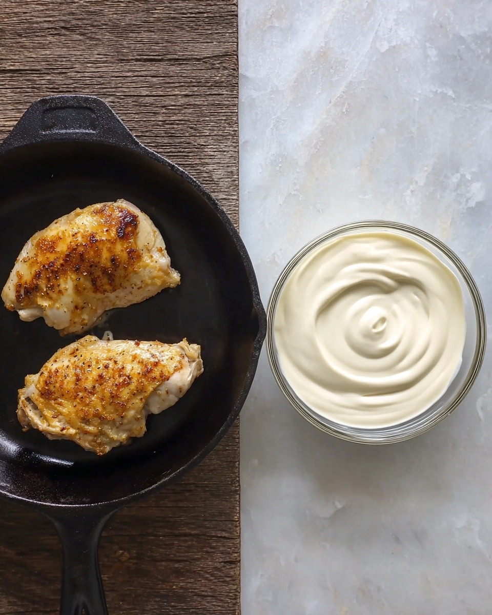 Two cooked chicken pieces with golden brown spots are in a black cast iron pan, set on a white marbled surface. Next to it is a clear glass bowl filled with thick, smooth, white sauce with a swirl pattern on its surface, also placed on the white marbled background. photo taken with an iphone --ar 4:5 --v 7