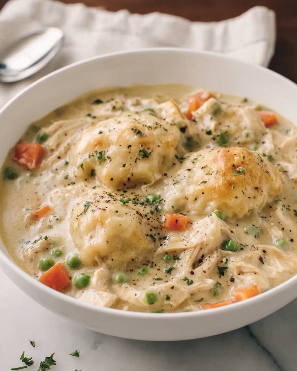 A white bowl filled with a thick creamy stew that has three large golden-browned dumplings on top. Around the dumplings, there are pieces of shredded white meat, orange carrot chunks, and bright green peas. The stew has a light beige, smooth and slightly lumpy texture, with flecks of chopped green herbs and black pepper sprinkled over everything. The bowl sits on a white marbled surface with a soft focus on a light cloth and spoon behind it. Photo taken with an iphone --ar 4:5 --v 7