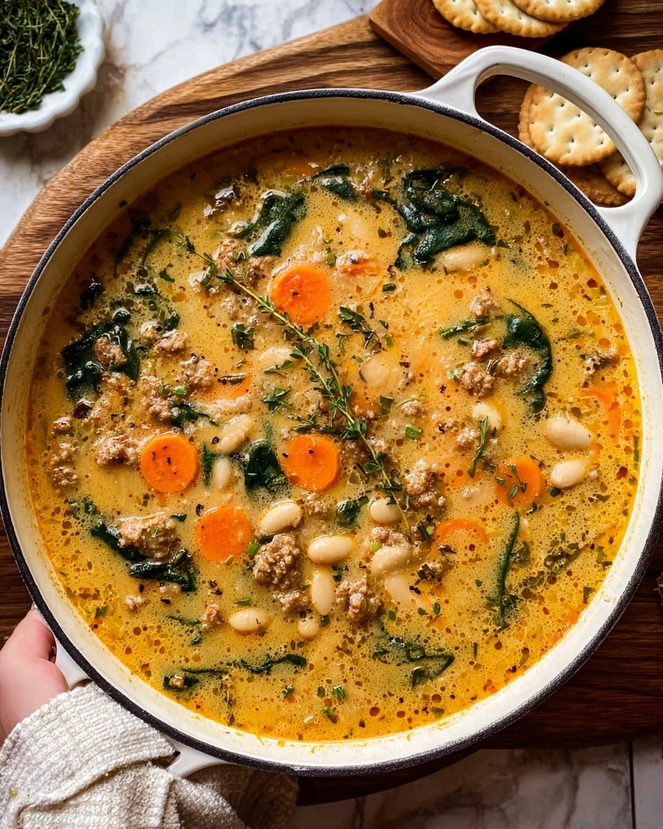 The image shows a skillet filled with a creamy soup that has an orange-yellow base color. Inside the soup, there are several visible layers and textures: thin round slices of orange carrot scattered throughout, chunks of white beans, bits of ground meat, and dark green spinach leaves spread evenly on top. The broth appears slightly frothy with small bubbles and flecks of herbs scattered across its surface. The skillet is white and rests on a wooden table background with some green herbs in a white bowl and round crackers nearby. A woman's hand is holding the skillet handle. The setting features a white marbled texture surface beneath the skillet and cloth. Photo taken with an iphone --ar 4:5 --v 7