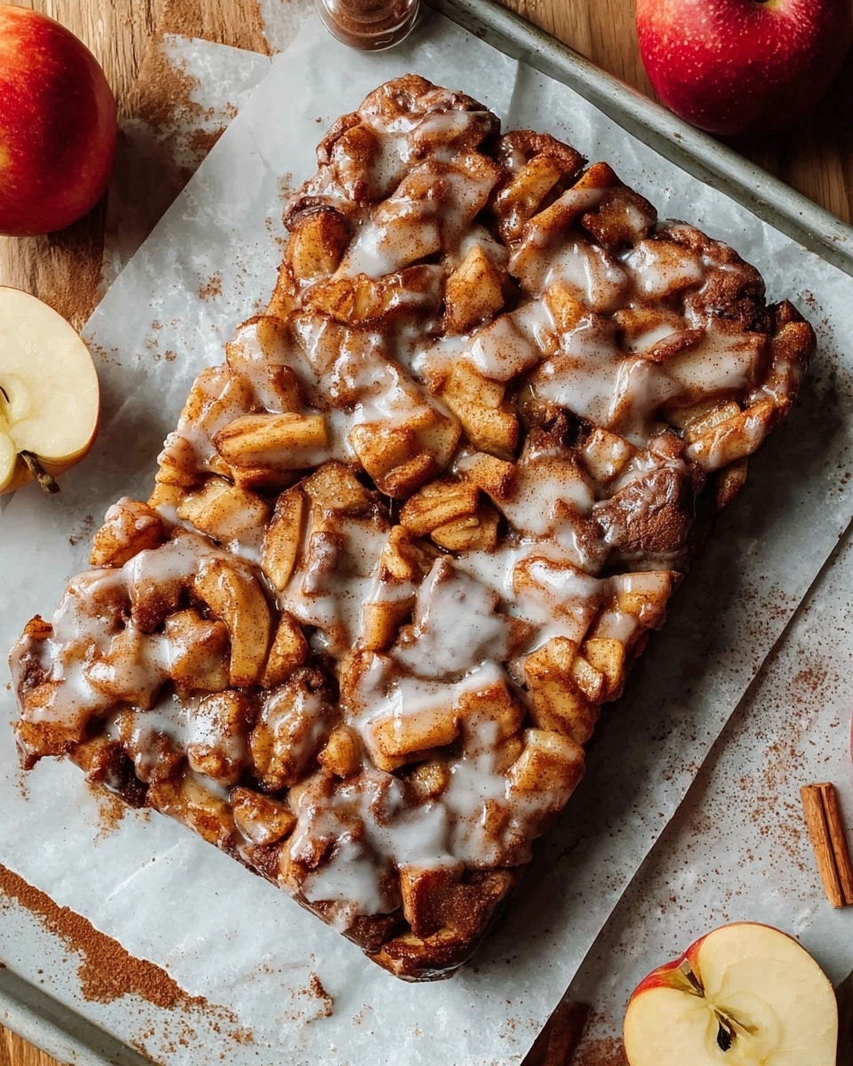 A large rectangular dessert with a rough, homemade look piled high with soft, irregular apple chunks covered in a thick layer of white icing, showing hints of cinnamon powder scattered over and around the dessert. The dessert sits on white parchment paper over a metal tray, with a white marbled surface beneath. Around the tray, there are whole red apples and a half apple with the core visible, a spice jar lightly spilled on the surface adding warm tones. The dessert's colors range from light brown dough with cinnamon to shiny white icing dripping unevenly. Photo taken with an iphone --ar 4:5 --v 7